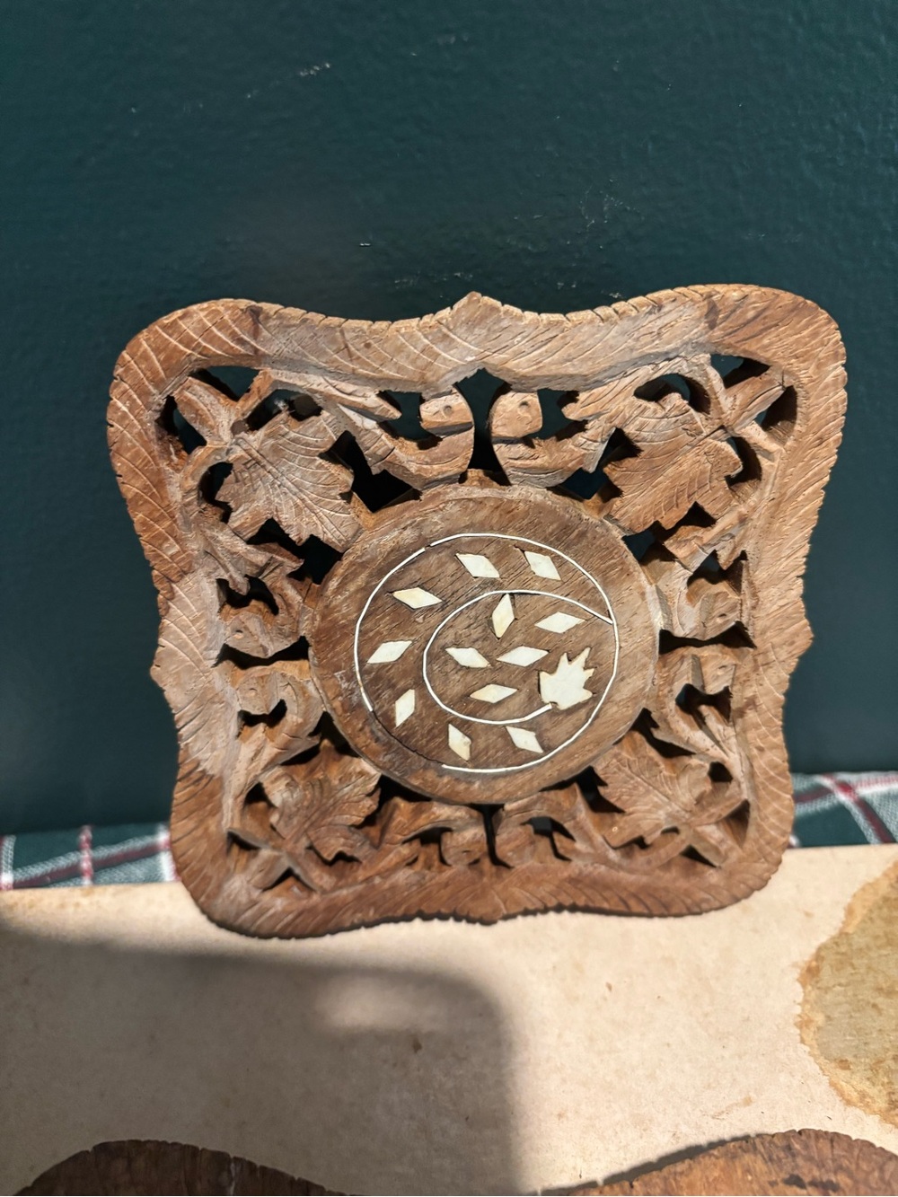 Antique Carved Wood Trivet with Inlay - Brown